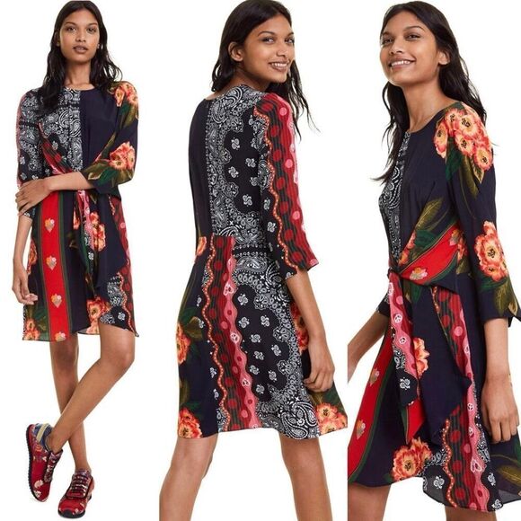 Desigual Dana Draped Print Mini Dress Blue Multi Size 6 - Picture 12 of 12